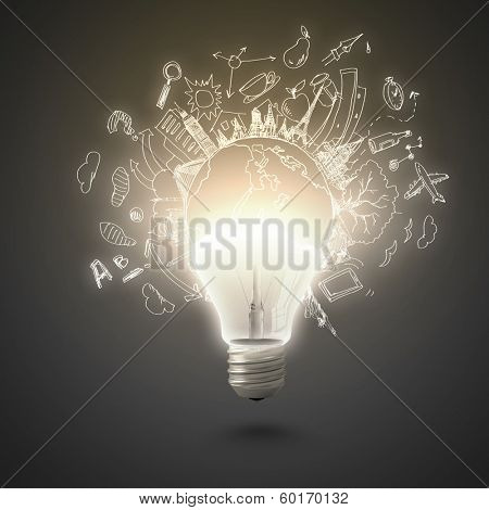 Conceptual image of electric bulb against grey background