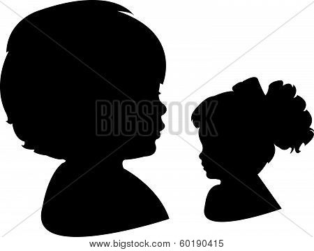 a baby girl head and her doll head silhouette vector