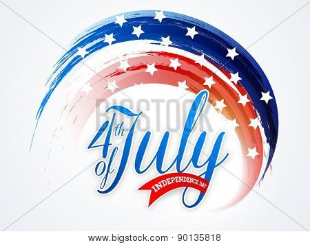 American national flag colors paint stroke with stylish text 4th of July for Independence Day celebration on shiny background.