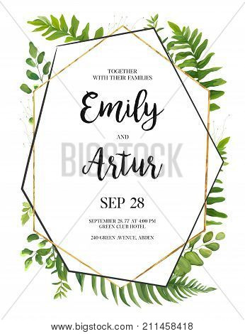 Vector floral design card. Green fern forest leaves herb plant greenery mix. Natural botanical Greeting wedding invitation invite template. Geometrical polyhedron golden Frame border with copy space