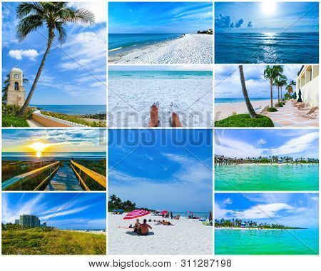 Collage About Beachs At Usa - West Palm Beach, Naples, Florida, Cocoa Beach, Miami, Siesta Key And F