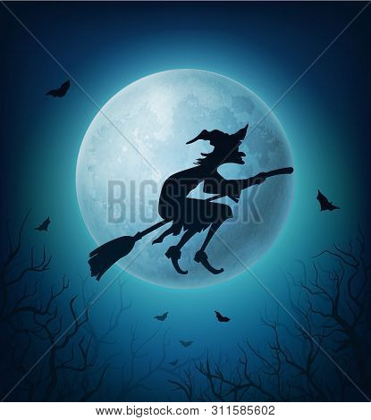 Witch Flying On Broom In Halloween Horror Night Sky. Black Silhouette Of Evil Woman On Broomstick Ag