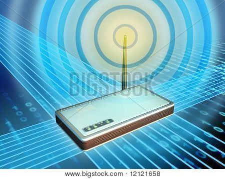 Wireless modem transmitting digital data. Digital illustration.