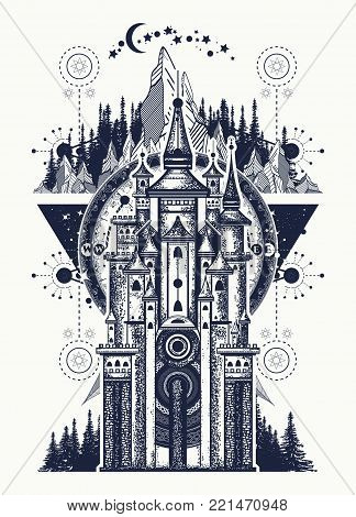 Ancient castle on the mountain. Symbol of the fairy tale, dream, magic. Medieval castle t-shirt design. Medieval castle tattoo art