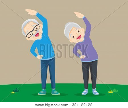 Senior People And Gymnastics. Elderly Couple. Grandparents Doing Exercises. Sport. Morning Exercises