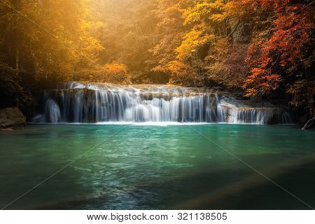 Beautiful Nature Scenic Of Waterfall In Autumn Season Forest, Amazing Colorful Natural Landscape Sce