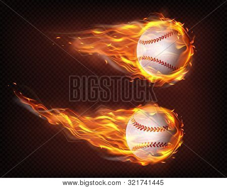 Firing, Flying Engulfed In Flames Baseball Balls 3d Realistic Vector Illustration Isolated On Transp