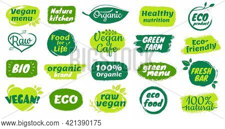 Organic Food Label. Natural Organic Product Badges, Raw Vegan Menu Logos, Fresh Bar Labels. Hand Dra