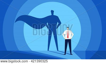 Businessman With Superhero Shadow. Successful And Strong Leader. Business Success, Confident Leaders