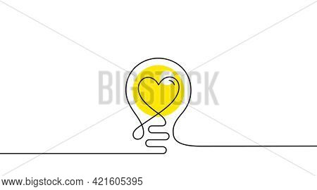 Continuous Line Idea Icon. One Light Bulb Silhouette. Electric Lightbulb With Heart Background. Idea