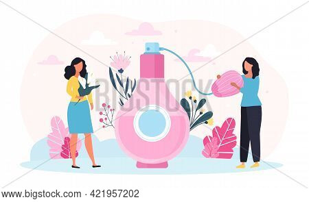 Two Female Characters Using Perfume. Big Aroma Spray Product. Vintage Bottle And Hygiene Fragrance F