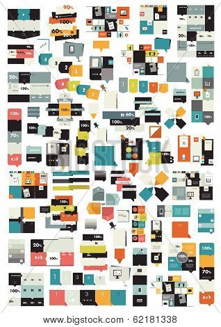 Collections of info graphics flat design diagrams. Various color schemes, boxes, speech bubbles for