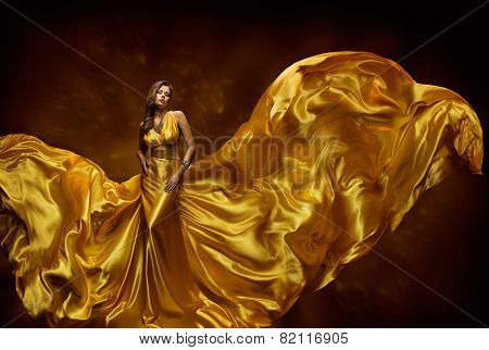 Fashion Model Woman Dress, Lady In Fluttering Silk Beauty Gown, Beautiful Fabric Waving On Wind