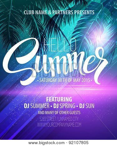 Hello Summer Beach Party Flyer. Vector Design