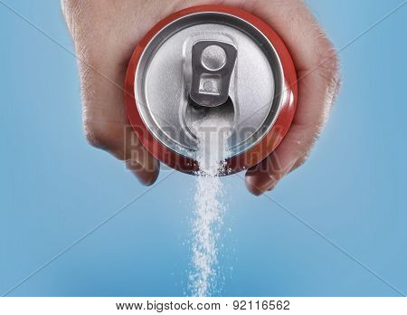 Hand Holding Soda Can Pouring A Crazy Amount Of Sugar In Metaphor Of Sugar Content Of A Refresh Drin