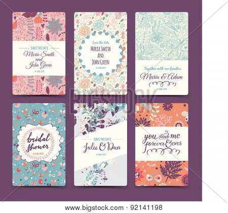 Lovely wedding romantic collection with 6 awesome cards made of hearts, flowers, wreaths, laurel, butterflies and birds. Graphic set in retro style. Sweet save the date invitation cards in vector.