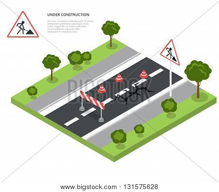 Road block under construction. Road sign, triangle cap, barrier. Flat 3d isometry isometric style web site app icon set concept vector illustration.