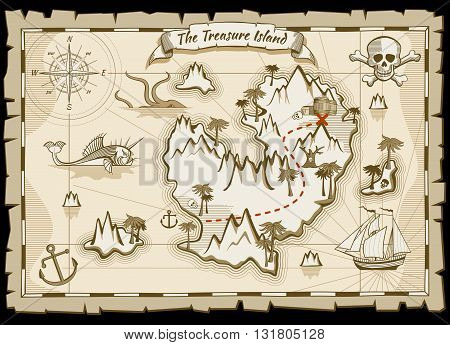 Treasure pirate hand drawn vector map. Pirate map with ship and navigation to treasure. Island way treasure map illustration