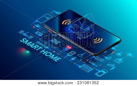 Smart Home Controlled Smartphone. Internet Of Things Technology Of Home Automation System. Small Hou