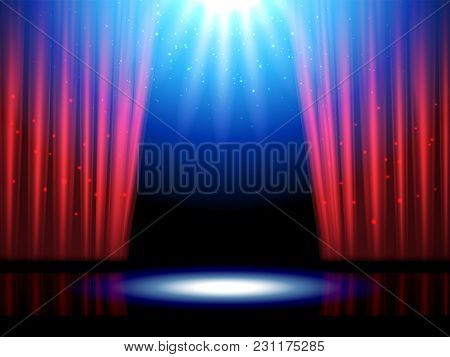 Empty Or Blank Interior Scene With Lights. Theater Or Theatre Illuminated Stage, Opera Entrance With