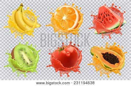 Orange, Kiwi Fruit, Banana, Tomato, Watermelon, Papaya Juice. Fresh Fruits And Splashes, 3d Vector I