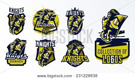 A Set Of Logos, Emblems, Stickers, Badges Of A Knight Galloping On A Horse. Warrior In Iron Armor, S