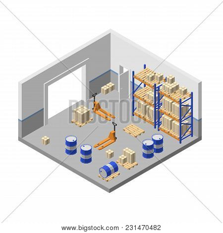 Vector 3d Isometric Storage, Factory Warehouse, Logistic, Delivery Storehouse With Shelves, Boxes, F