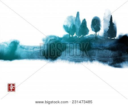 Stylized Ink Wash Painting With Blue Misty Forest Trees. Traditional Oriental Ink Painting Sumi-e, U