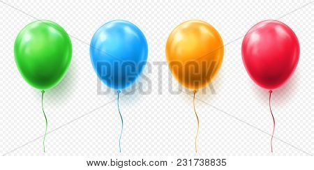 Realistic Red, Orange, Green And Blue Balloon Vector Illustration On Transparent Background. Balloon