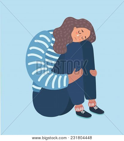 Vector Catoon Illustration Of Sad Girl Sitting And Unhappily Hugging Her Knees And Cry. Woman In Dep