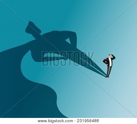 Businessman With Superhero Shadow. Ambition And Business Success Vector Concept. Leadership Super He