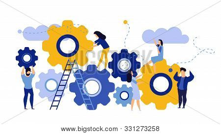 Man And Woman Business Organization With Circle Gear Vector Concept Illustration Mechanism Teamwork.