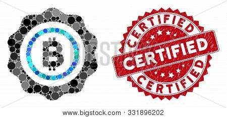 Mosaic Bitcoin Seal Stamp And Grunge Stamp Watermark With Certified Phrase. Mosaic Vector Is Designe