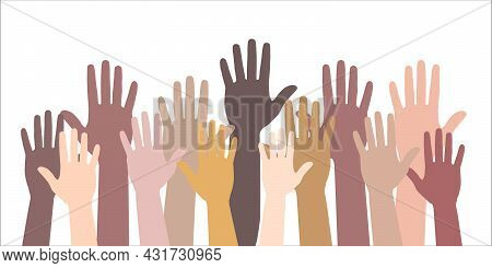 Many Hands Of Different People In Unity Raise Hands Up. Raised Hand Silhouettes, People Colorful Vot