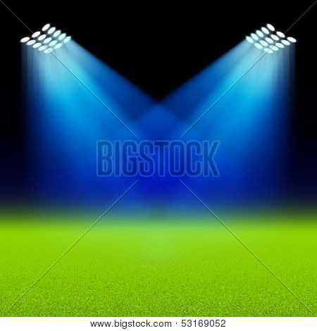 Bright spotlights illuminated green field stadium. Vector.