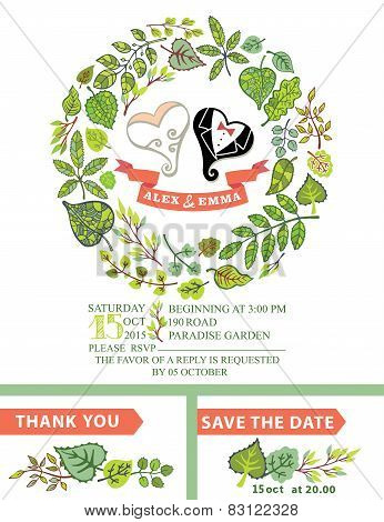 Cute wedding invitation with stylized heart, wreath