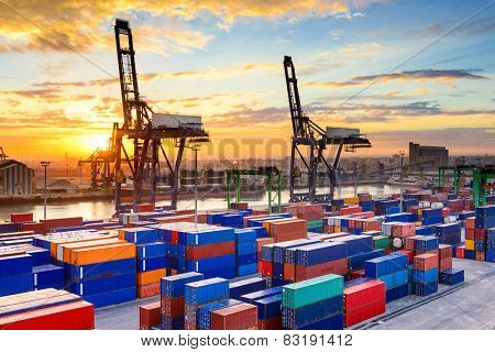 Industrial port at dawn at the Port of Casablanca, Morocco.