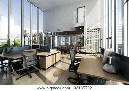 Open interior furnished modern office with large ceilings and windows