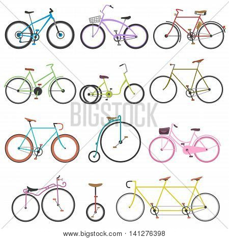 Vintage retro bicycle set and style antique sport old fashion vintage grunge bicycle flat vector. Vintage bicycle set riding bike transport flat vector illustration. Flat bikes, bicycles isolated