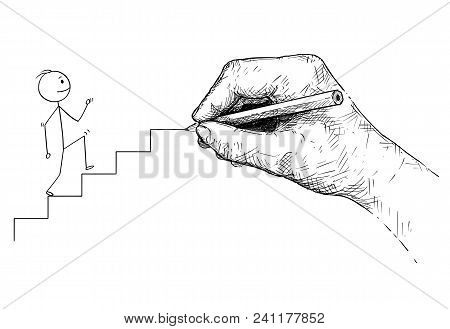 Cartoon Stick Man Drawing Conceptual Illustration Of Businessman Walking Up The Stairs And Big Hand 