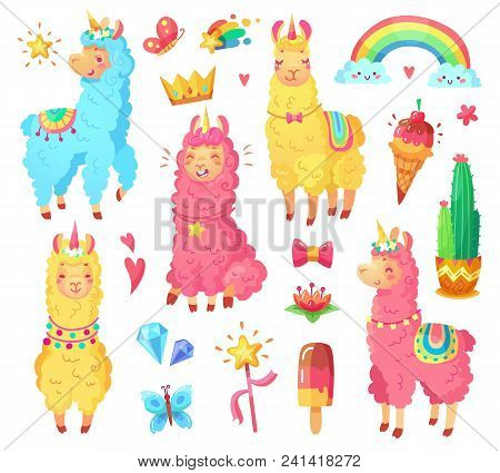 Funny Fairytale Cute Mexican Smiling Colorful Yellow, Pink, Blue Alpaca With Fluffy Wool And Cute Ra