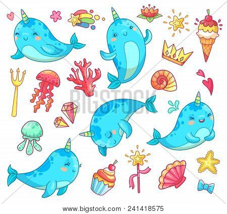 Marine Animal Kawaii Character Baby Fairytale Unicorn Narwhal. Swimming Colorful Blue Funny Cute Hor