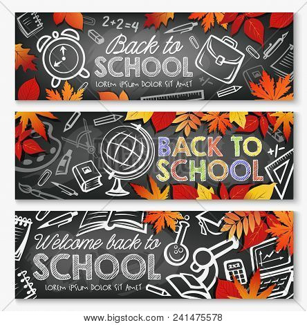 Back To School September Education Season Banners Of School Lessons Stationery And Books. Vector Sch