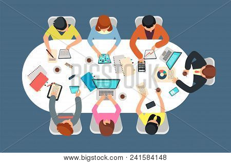 Managed Team In Office Meeting At Table Top View Vector Illustration. Teamwork Concept. Team At Tabl