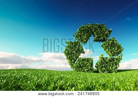 Eco Friendly Recyclation Concept. 3d Rendering Of Green Recycle Icon On Fresh Spring Meadow With Blu