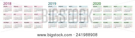 Simple Calendar Template For 2018, 2019 And 2020. Week Starts From Sunday. Flat Style Color Vector I