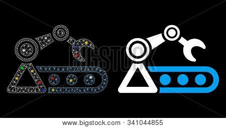 Glowing Mesh Automatic Conveyor Icon With Glow Effect. Abstract Illuminated Model Of Automatic Conve