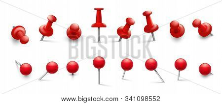 Red Thumbtack. Push Pins In Different Angles For Attachment. Pushpins With Metal Needle And Red Head