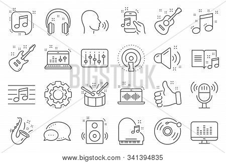 Music Line Icons. Set Of Acoustic Guitar, Musical Note, Vinyl Record Icons. Jazz Saxophone, Drums Wi