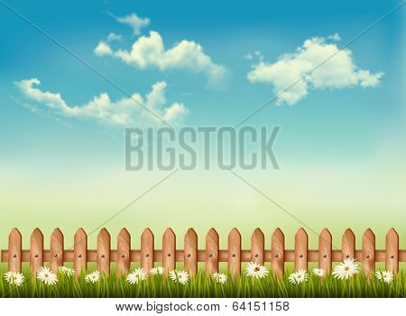 Retro background with a fence, grass, sky and flowers. Vector. 